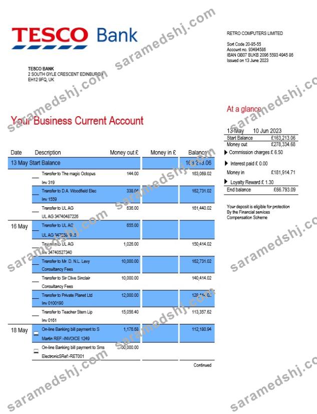 Tesco Bank Business statement Word and PDF template